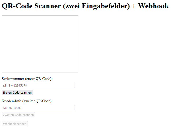 Einfache Website mit zwei Eingabefenstern für Seriennummer und Kundennummer zur Verwaltung von Pfandboxen.