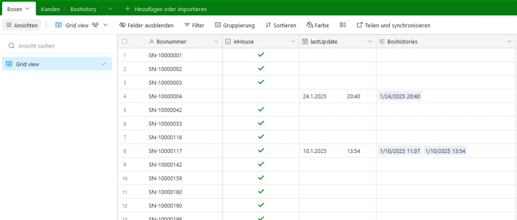 Beispiel einer Tabelle in Airtable für die Tabelle Pfandboxen.