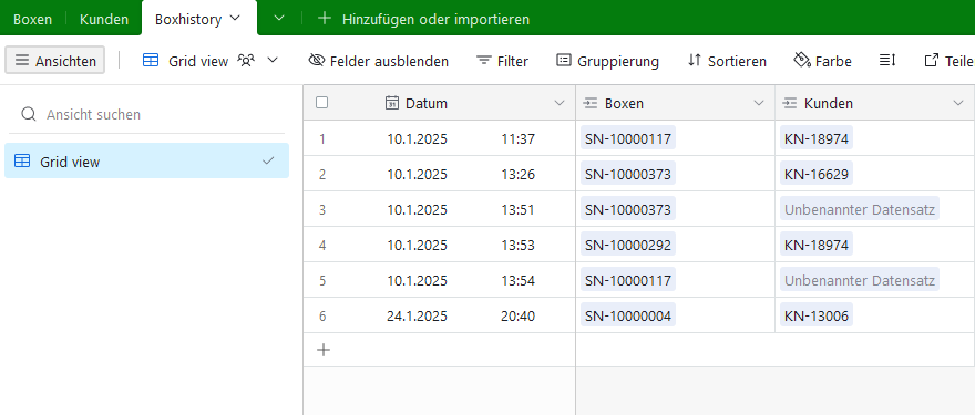 Beispiel einer Tabelle in Airtable für die Tabelle Boxhistories.